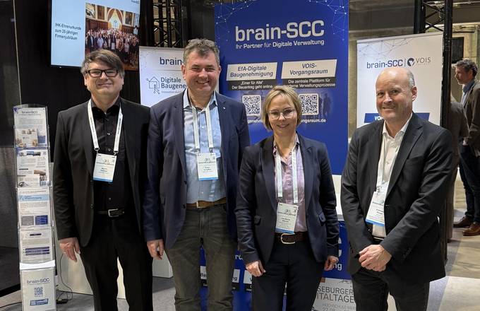 Martin K. Halliger (brain-SCC GmbH), Sirko Scheffler (Geschäftsführer brain-SCC GmbH), Ina-Maria Ulbrich (Staatssekretärin im Ministerium für Inneres, Bau und Digitalisierung MV, Vorsitzende IT-Planungsrat), Eckhard Riege (Berater für digitale Verwaltungstransformation und Changemenagement) v.l.